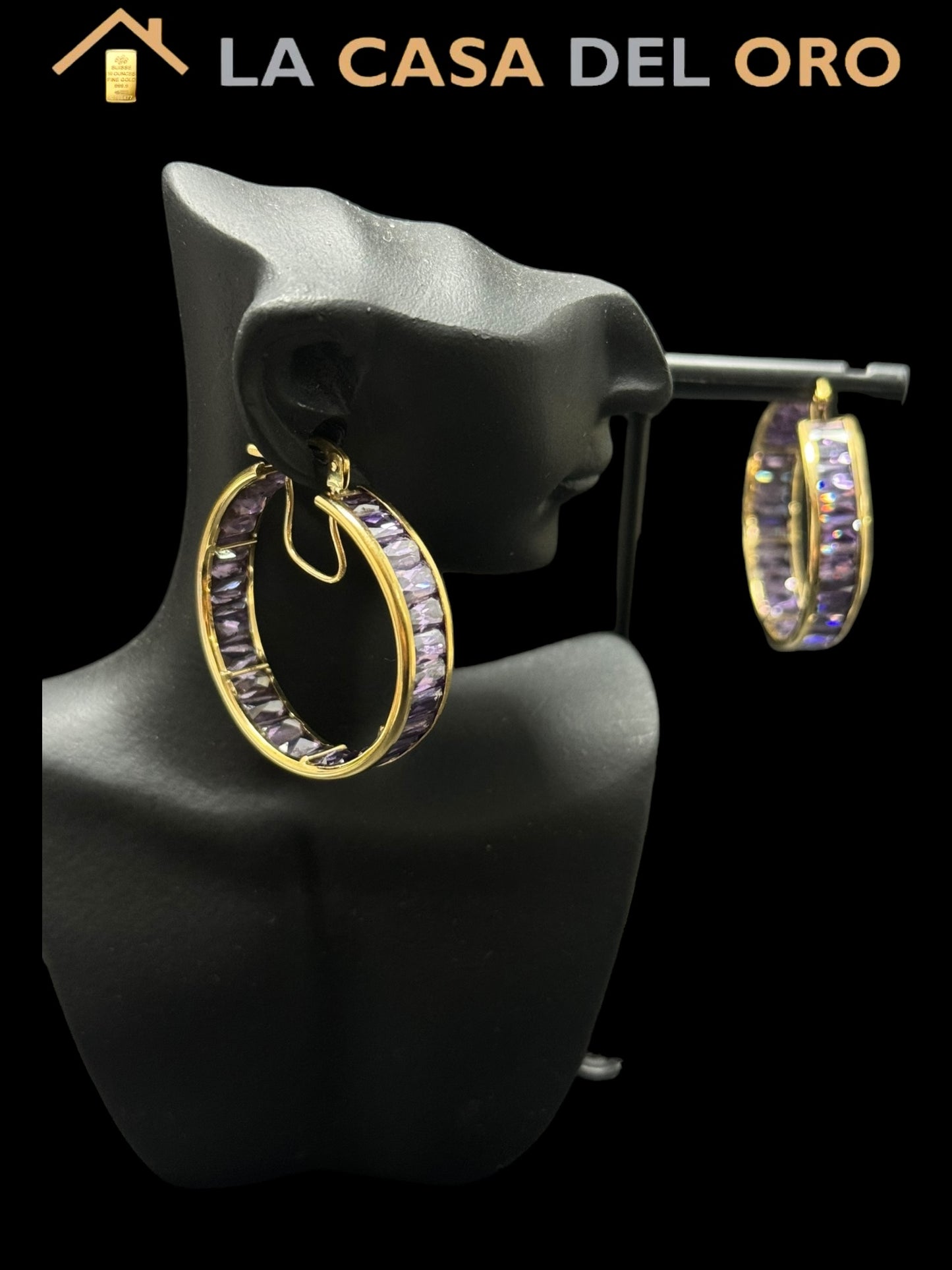 Pendientes aro con circonitas lilas oro 18 kt