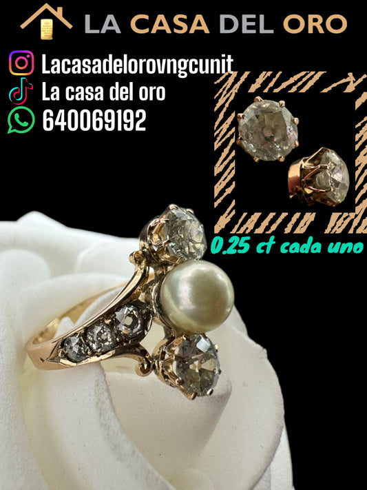 Anillo con perla y diamantes 1.10ct en oro rosado 18 kt