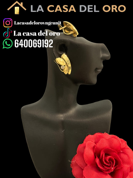 Pendientes hoja con circonita oro 18 kt