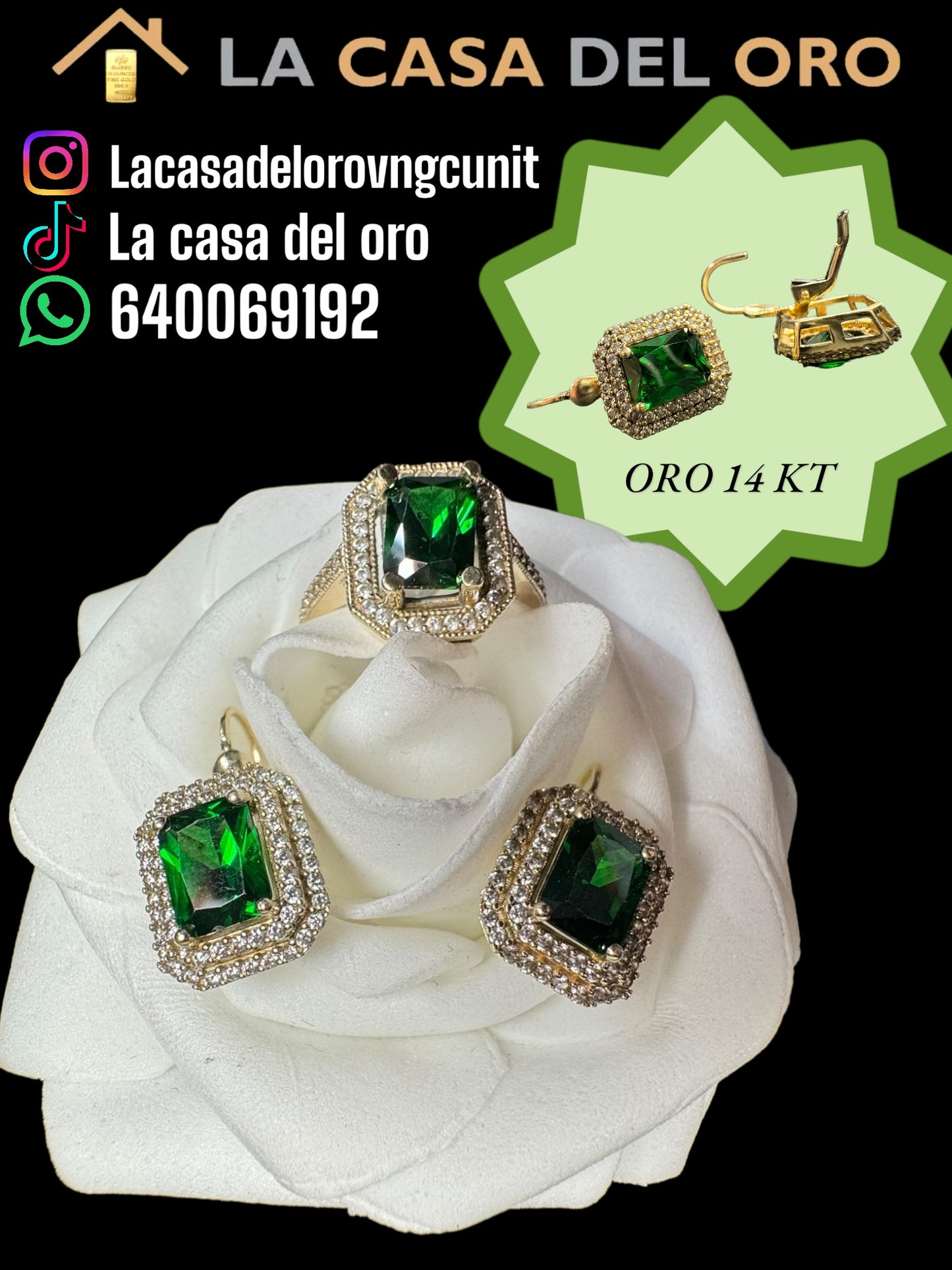 Conjunto anillo y pendientes 14 kt