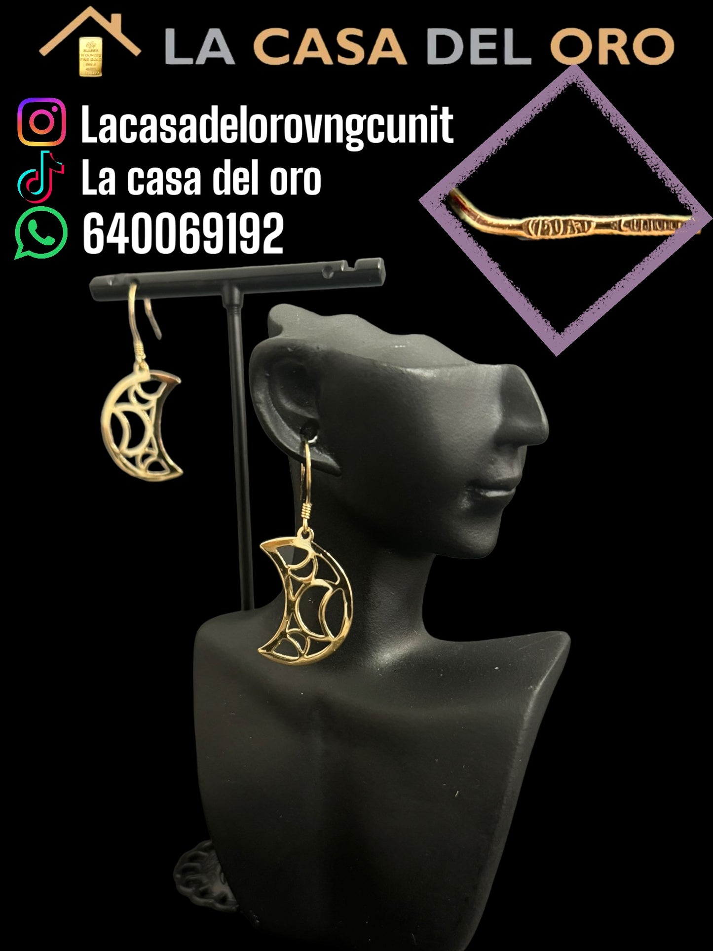 Pendientes lunas colgando oro 18 kt