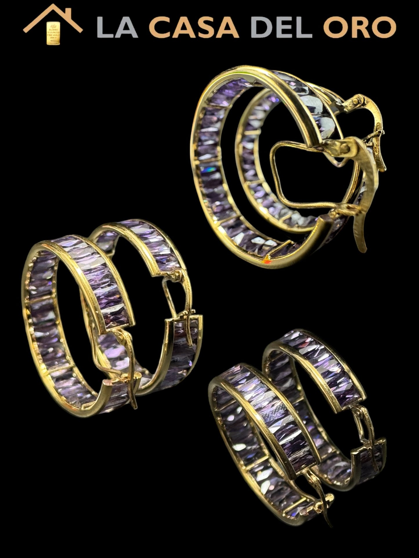 Pendientes aro con circonitas lilas oro 18 kt