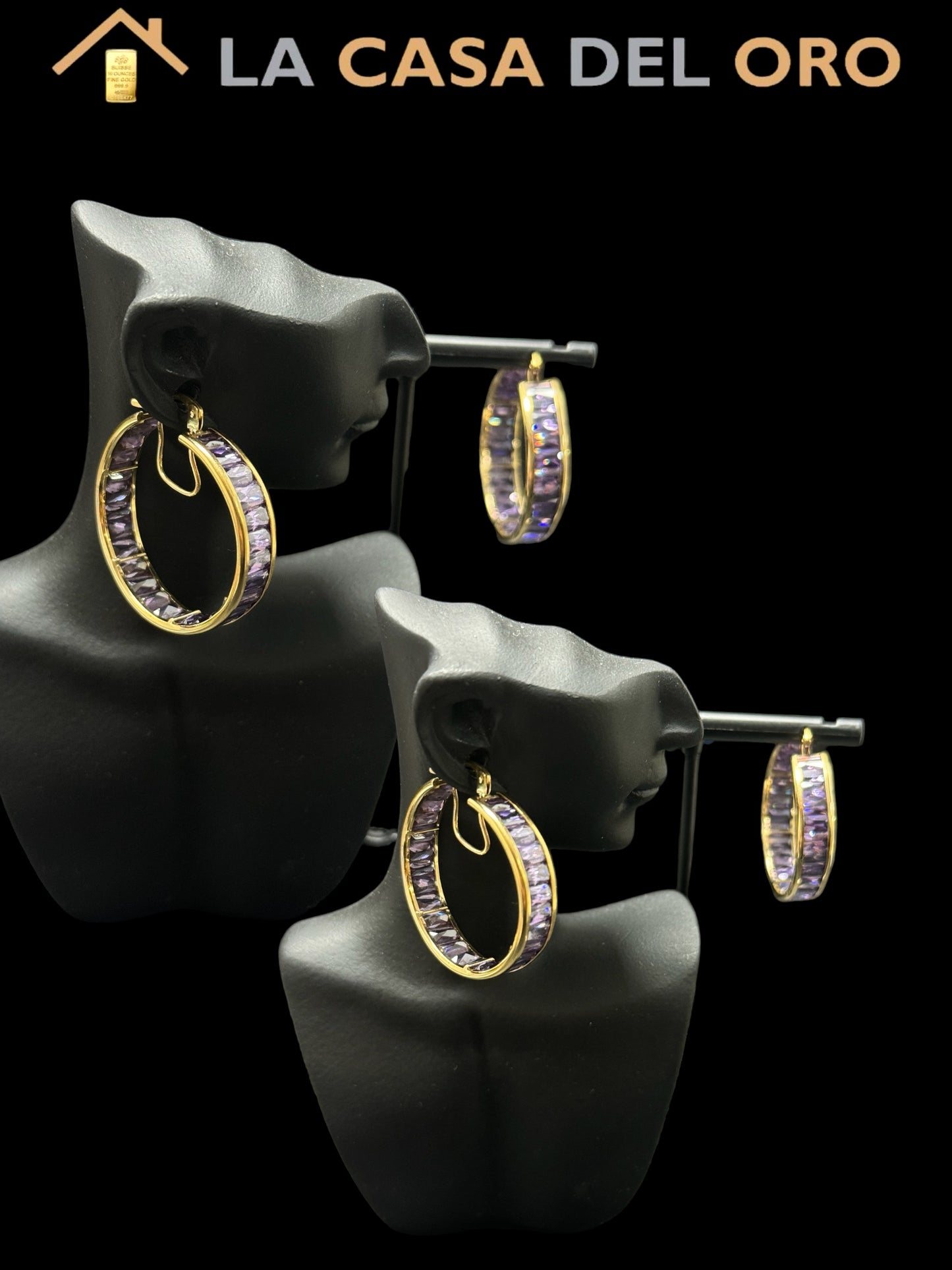 Pendientes aro con circonitas lilas oro 18 kt