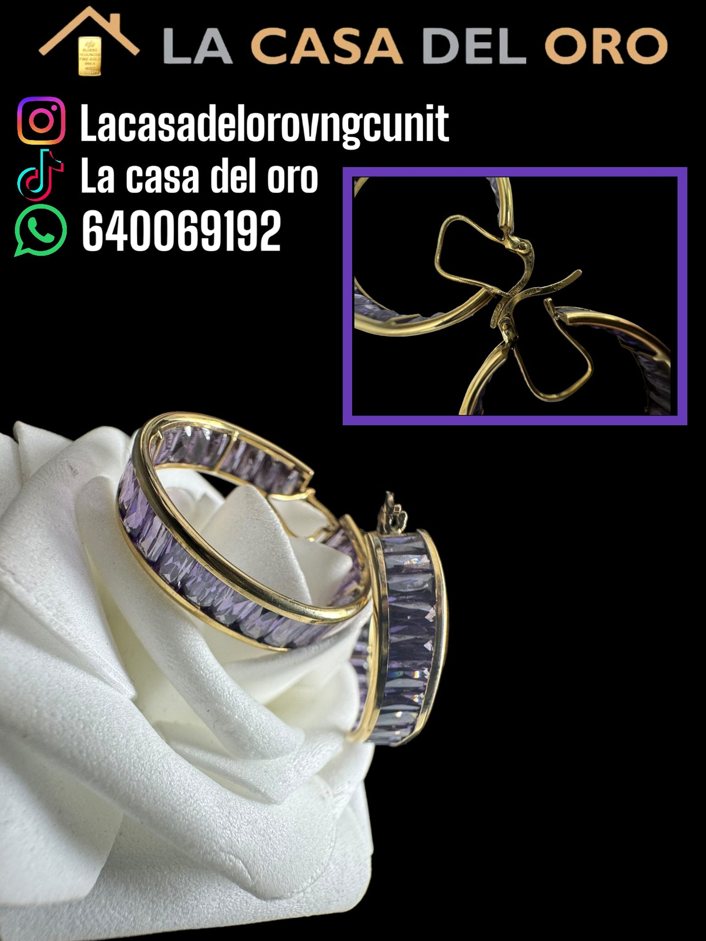 Pendientes aro con circonitas lilas oro 18 kt