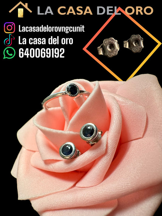 Conjunto pendientes y anillo zafiro en oro blanco 18 kt