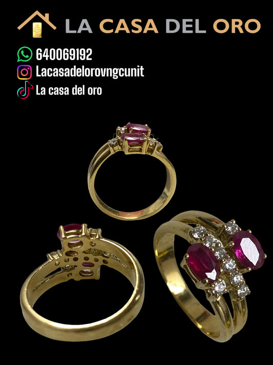 Anillo con granates y diamantes oro 18 kt